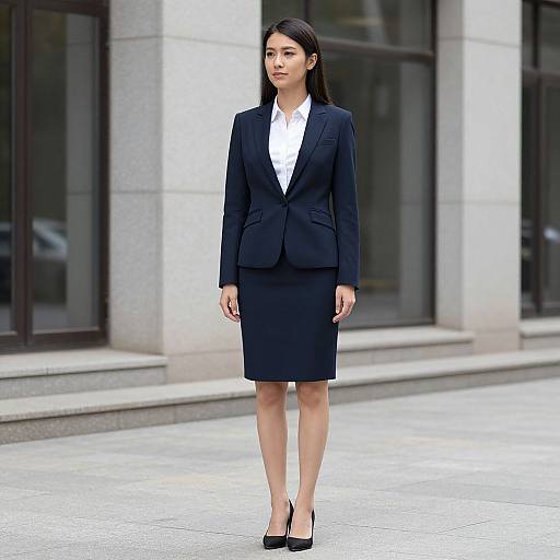 Photograph of an Asian woman with straight black hair, wearing a black blazer and skirt, white shirt, black heels, standing confidently on a city