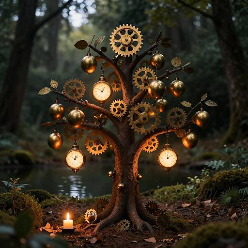 Photograph of a steampunk-style tree with golden gears and glowing lanterns, set in a dark, mossy forest by a reflective pond.