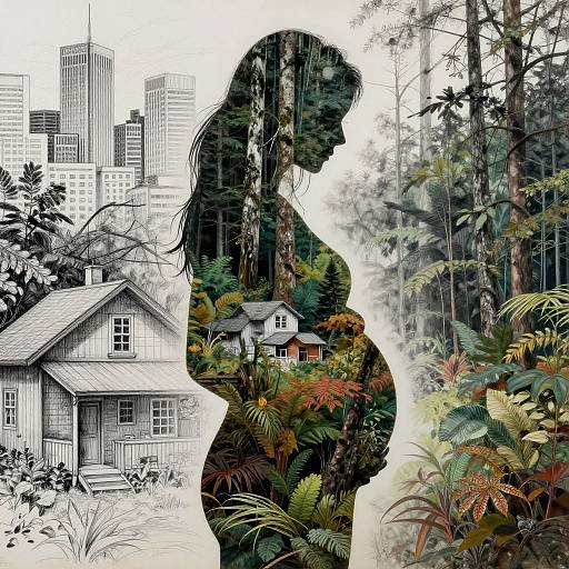 Digital artwork: Silhouetted woman's profile filled with forest and cottage, contrasting with grayscale cityscape and lush ferns in the foreground.