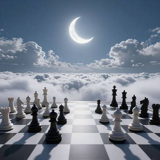 Surreal Chessboard Under Crescent Moon