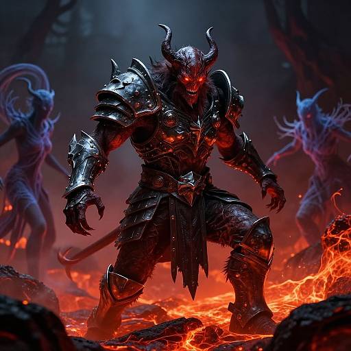 Digital art of a fierce, horned demon warrior in black, glowing red armor, standing amidst fiery lava with two shadowy minions.
