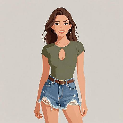 Digital illustration of a smiling woman with long brown hair, wearing a green top with a keyhole, blue frayed denim shorts, brown belt, and
