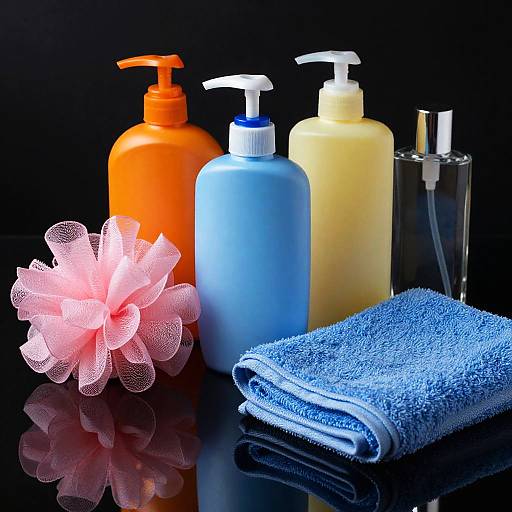 Glossy Bathroom Essentials on Black Surface