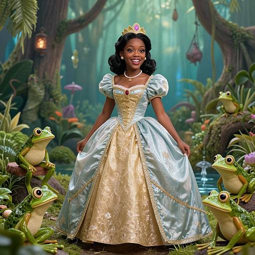 Photorealistic CGI image of a smiling Black princess in a gold and silver gown, tiara, surrounded by frogs in a lush, enchanted forest.