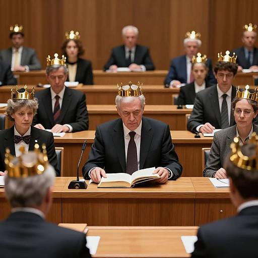 Photograph of a formal parliamentary session with elderly men and women in black suits, gold crowns, and wooden benches, reading documents and speaking. Warm