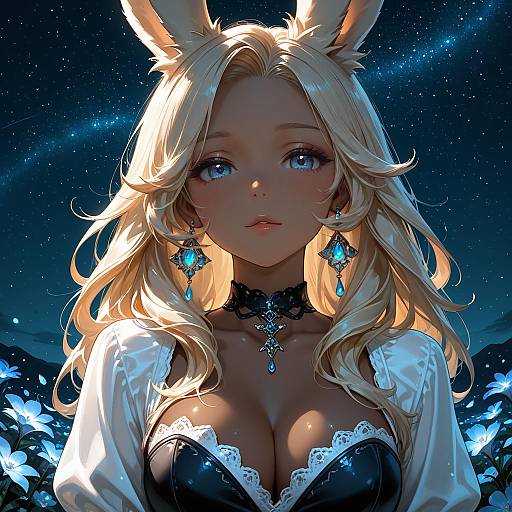 Fantasy Dark-Skinned Viera Girl Under Starry Sky