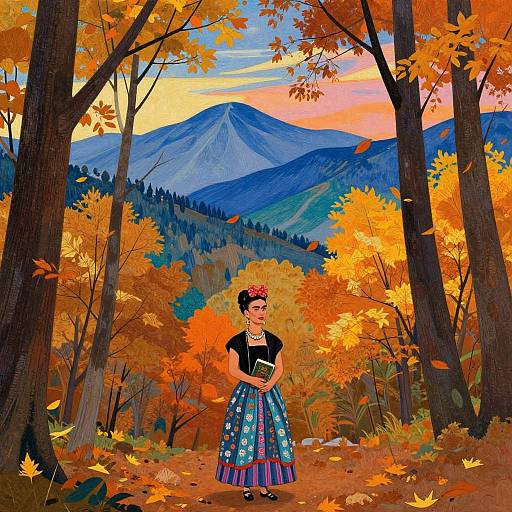 Autumn Forest with Frida-Inspired Woman