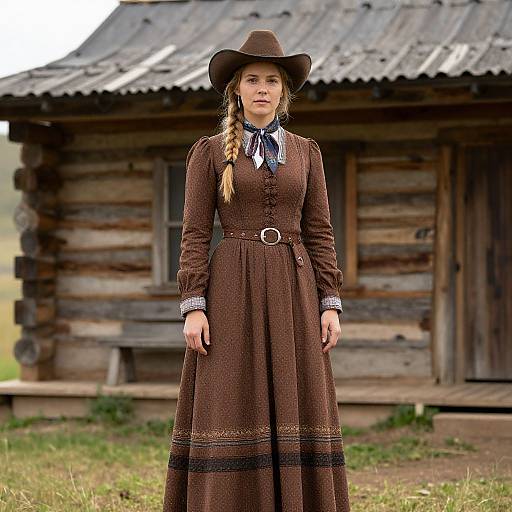 Photograph of a blonde woman in a brown Victorian-style dress and hat standing in front of a rustic wooden cabin with a corrugated metal roof.
