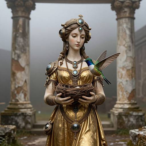 Digital artwork of a serene, fair-skinned woman in a gold, ornate dress with jewel adornments, holding a nest with a colorful bird,