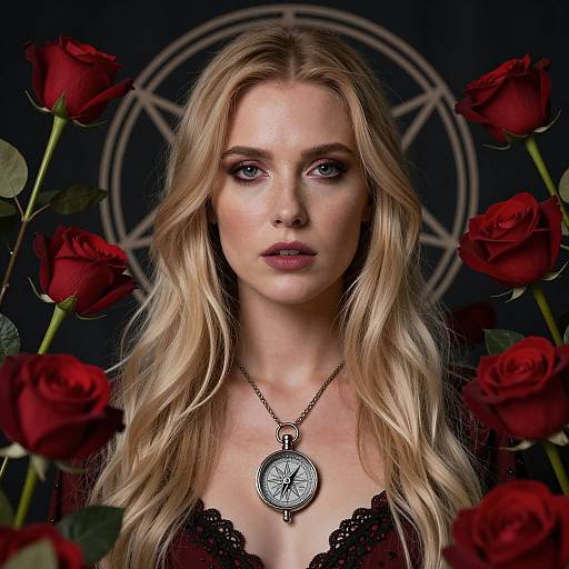 Photograph of a blonde woman with blue eyes, wearing a black lace top and a silver compass necklace, surrounded by red roses, against a dark background