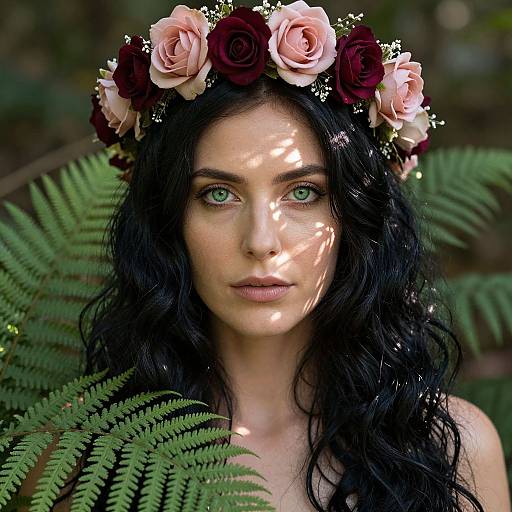 Photograph of a fair-skinned woman with striking green eyes, black wavy hair, wearing a pink and dark red rose headband, surrounded by