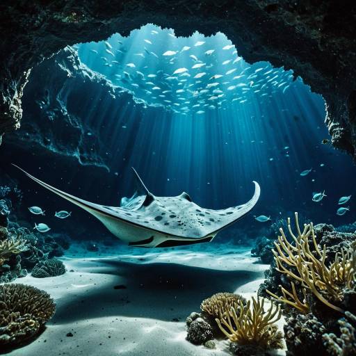 Stingray Gliding in Bioluminescent Underwater Cave