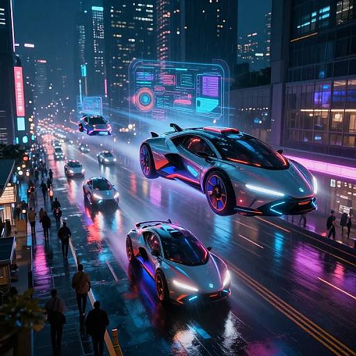 Neon-lit, cyberpunk city night scene: futuristic cars with glowing lights speed on a wet street, surrounded by illuminated skyscrapers and pedestrians