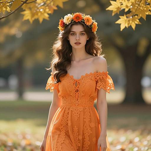 Young Woman in Orange Lace Dress with Floral Crown