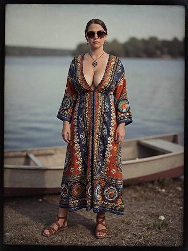 Photograph of a woman with dark hair, wearing a deep V-neck, multicolored, patterned dress, sunglasses, necklace, and brown sandals