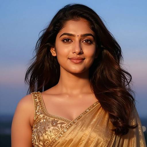 Photograph of a beautiful South Asian woman with long dark hair, wearing a gold-embroidered saree, against a blue sky backdrop. She