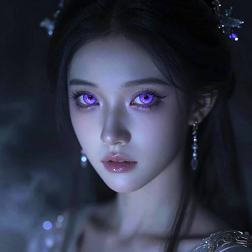 Digital artwork of an ethereal Asian woman with glowing purple eyes, glossy lips, and dark hair adorned with sparkling stars, set against a dark, mystical