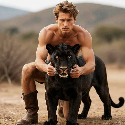 Intense Man and Panther in Nature