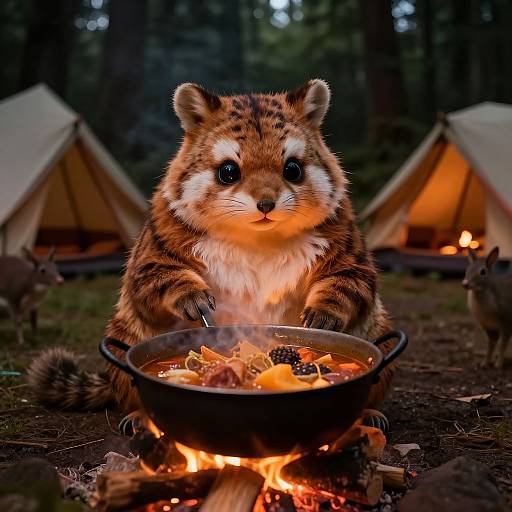 Photorealistic digital artwork of an adorable, wide-eyed, fluffy raccoon cub cooking in a pot over a campfire, surrounded by tents in a