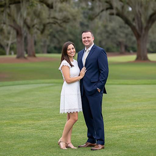 Photograph of a smiling couple standing on a grassy lawn; woman in white lace dress, man in black suit, both touching shoulders.