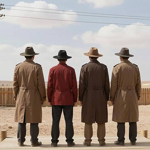 Four men standing in a desert landscape