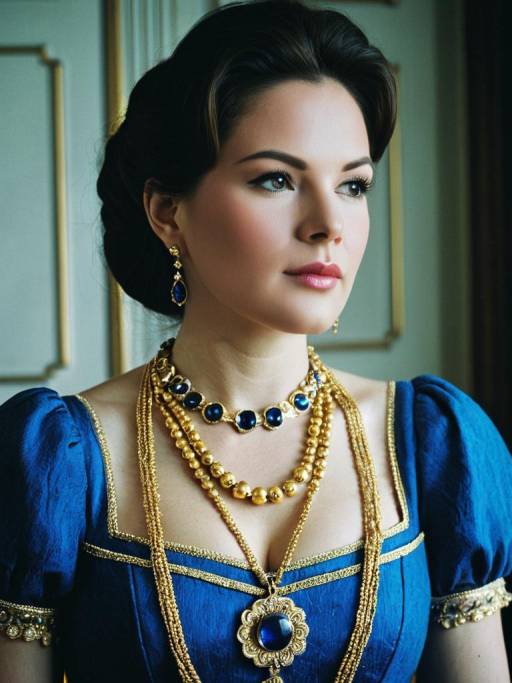 Woman in Blue Historical Costume with Gold Jewelry