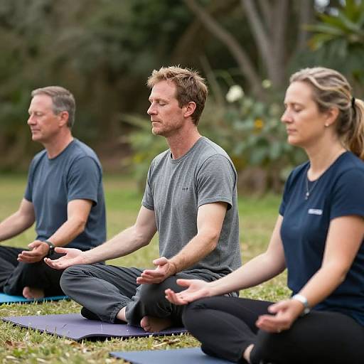 Photograph of three adults, two men and one woman, sitting cross-legged in a grassy outdoor area, meditating with closed eyes, wearing casual