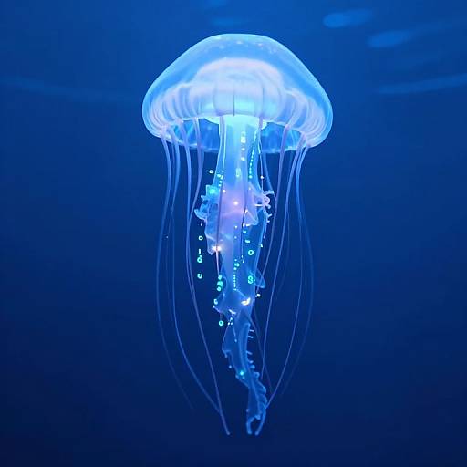 Photograph of a glowing blue jellyfish with translucent bell and long, trailing tentacles against a dark blue underwater background.