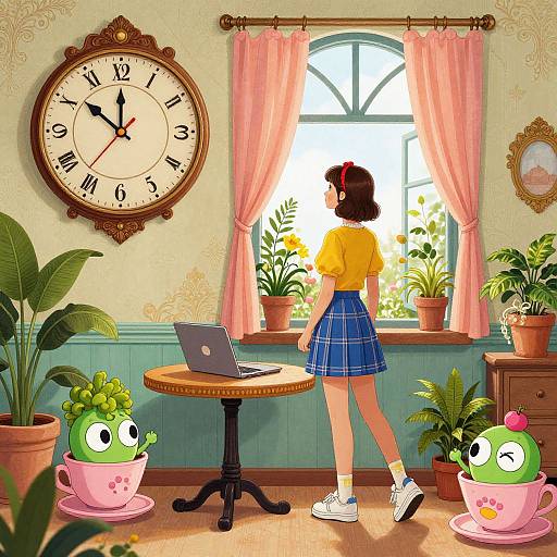 Digital illustration: Girl with yellow top and blue plaid skirt stands in sunny room, facing window with pink curtains. Two green, teacup-