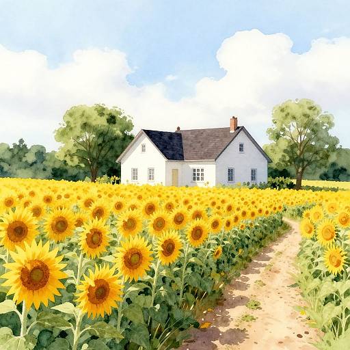 Watercolor White House with Sunflowers