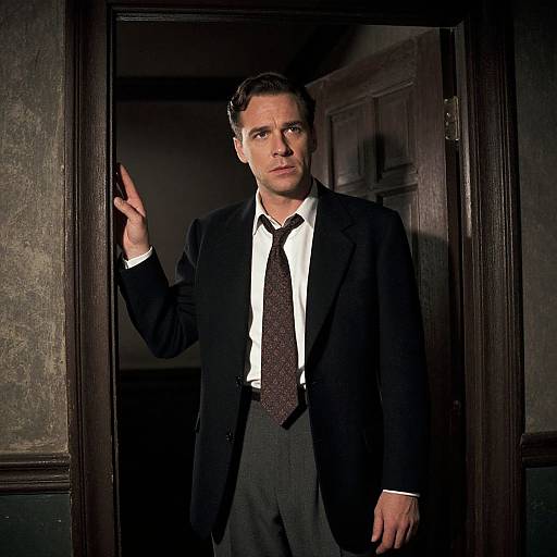 Photograph of a serious, light-skinned man with short brown hair, wearing a black suit, white shirt, and dark tie, holding up a