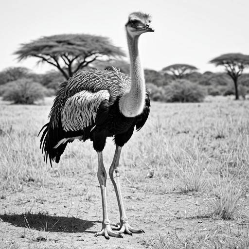 Ostrich in African Savanna Black and White