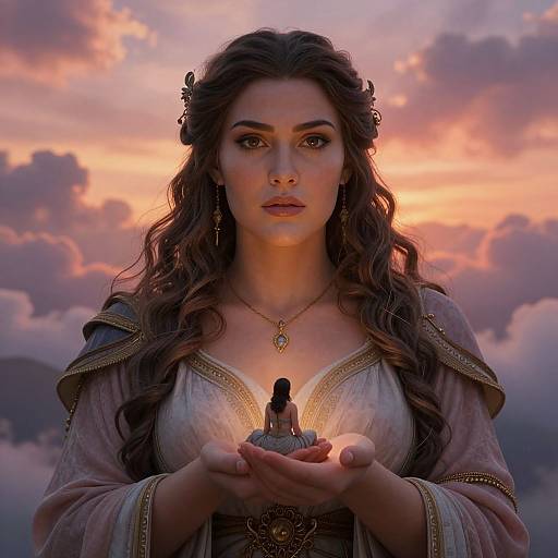 Digital artwork of a mystical woman with long, wavy brown hair and fair skin, holding a small, seated figure in her hands at sunset, wearing