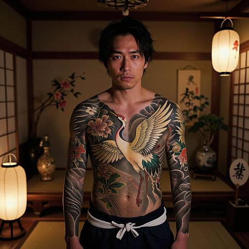 Photograph of a tattooed Asian man with black hair, wearing black pants, standing in a dimly lit traditional Japanese room, featuring lanterns,