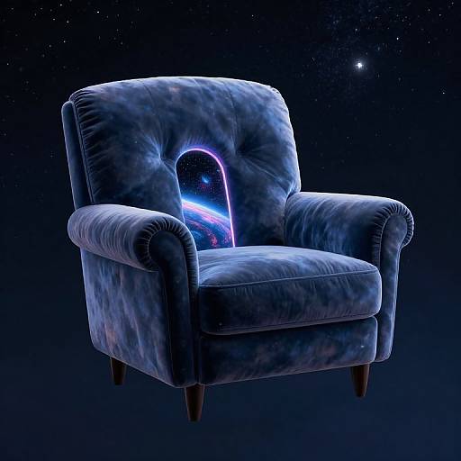 Photograph of a plush, blue, cloud-patterned armchair with a glowing, cosmic-themed pillow against a starry night sky background.
