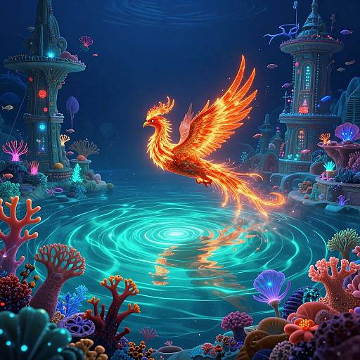 Digital art: Bright, fiery phoenix with outstretched wings, glowing orange, emerges from a swirling, cyan-blue water pool in an underwater fantasy city