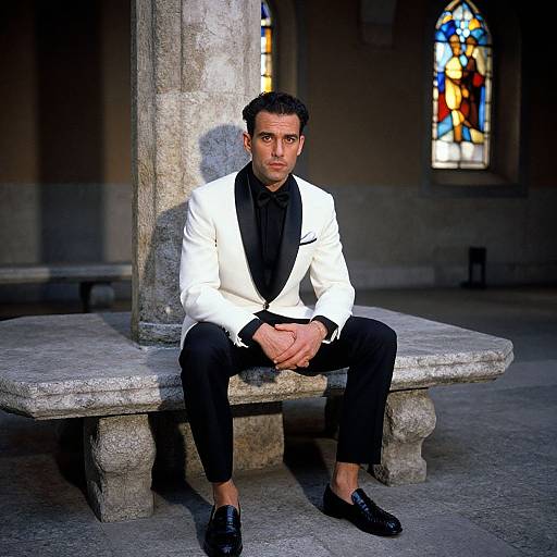 Photograph of a dark-haired man in a white blazer, black shirt, and pants, sitting on a stone bench in a dimly lit church