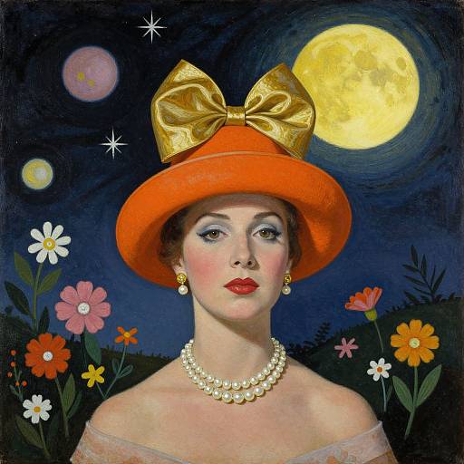 Digital painting of a glamorous woman with red hat, gold bow, pearl necklace, and red lipstick, under a moonlit night sky with flowers.