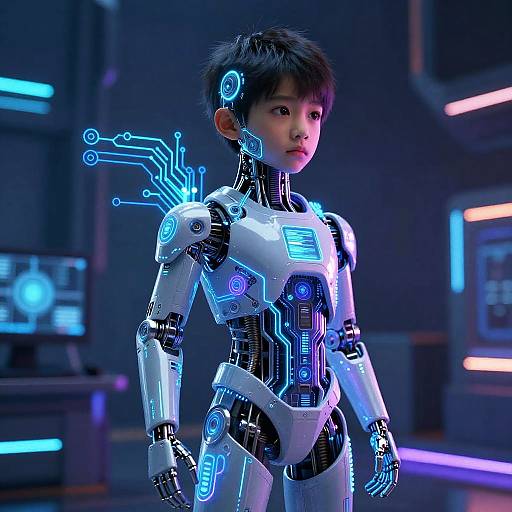 Photorealistic CGI of an Asian boy with short black hair in a futuristic, white and blue cybernetic suit, glowing circuit patterns, standing in
