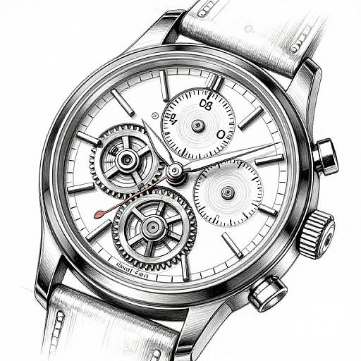 Detailed black-and-white digital illustration of a high-end wristwatch with exposed gears, multiple small dials, and a leather strap.