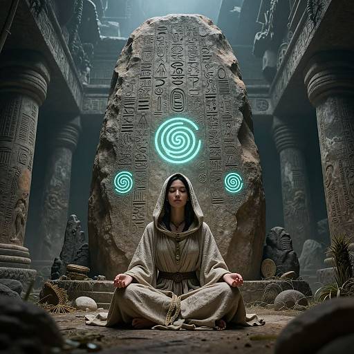 Photorealistic CGI: Young woman with hooded beige robe, meditating in ancient, stone temple with glowing blue spirals on large, carved stone
