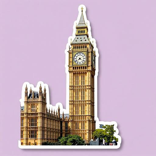 Photograph of the iconic Big Ben clock tower and adjacent Palace of Westminster, highlighted with white border, set against a light purple background.