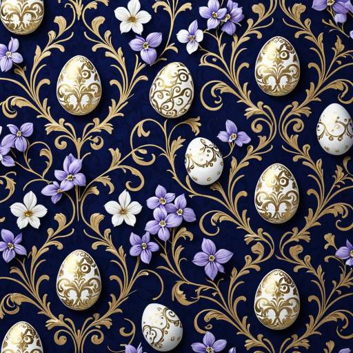 Royal Blue Ornate Wallpaper with Easter Eggs and Lilac Violets