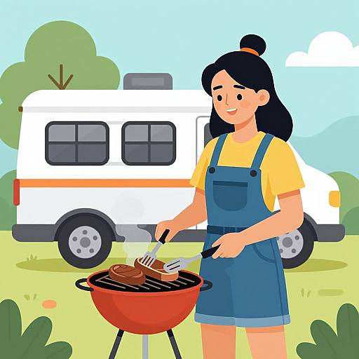 Digital illustration of a smiling Asian woman with black hair in a bun, wearing a yellow shirt and blue apron, grilling burgers by a red barbecue