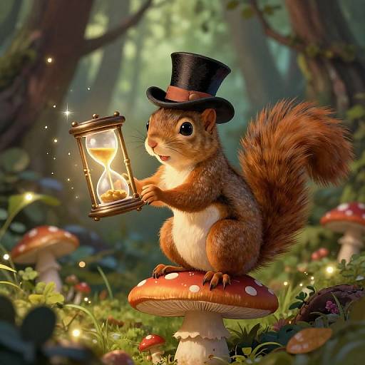 Digital art of a cute, red squirrel in a black top hat, holding a glowing lantern, perched on a red-spotted mushroom in a magical