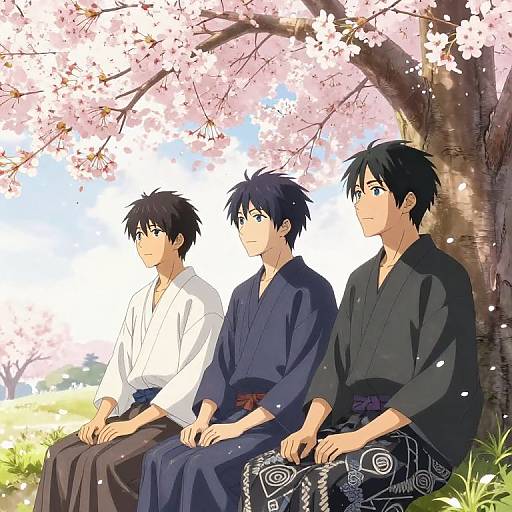Anime-style drawing of three young men with black hair, wearing yukatas, sitting under cherry blossom trees, surrounded by soft sunlight.