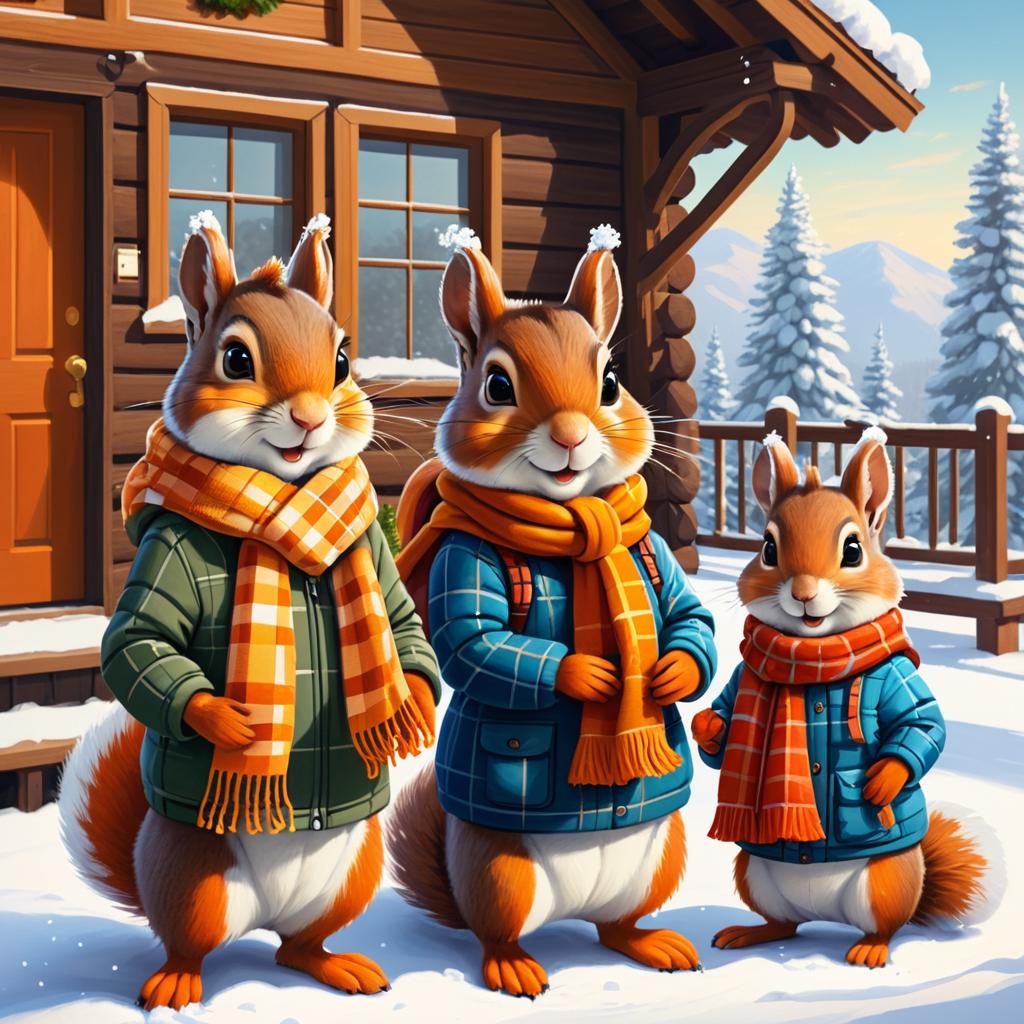 Cozy Squirrels at a Snowy Lodge