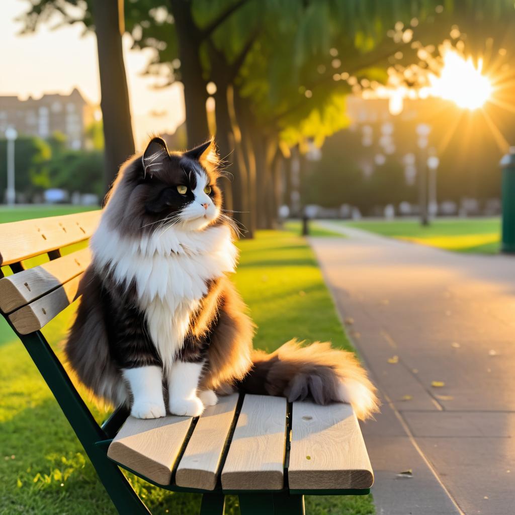 Fluffy Cat at Sunset on Bench