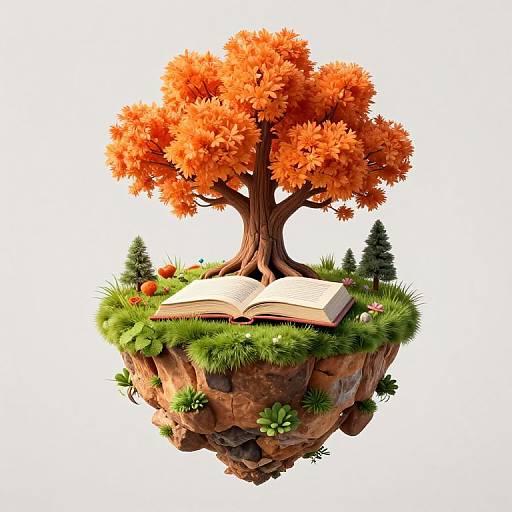 Digital illustration of a vibrant orange tree with lush foliage, rooted on a floating rocky island, surrounded by grass, flowers, and an open book. White