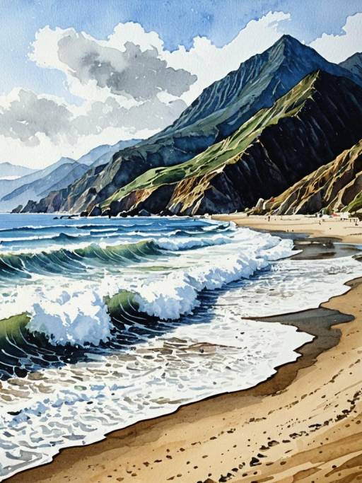 Watercolor Seaside Mountain Landscape